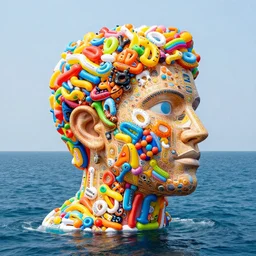 a long shot of a giant award winning sculpture made out of tons of inflatable pool toys in the shape of a human head, on the surface of the ocean, in the style of chad knight, hyper detailed, hyper realistic, ray tracing, 8 k resolution, sharp focus, realistic water