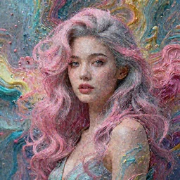 A portrait of a very beautiful goddess with pink and grey hair radiating an artwork made of swirling paint and impasto by James Jean and WLOP , background is multicoloured volumetric displacement, hyperrealism, subsurface scattering, arnold render, noise to volume, 8k,  houdini, xparticles