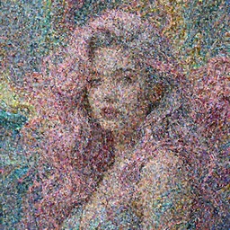 A portrait of a very beautiful goddess with pink and grey hair radiating an artwork made of swirling paint and impasto by James Jean and WLOP , background is multicoloured volumetric displacement, hyperrealism, subsurface scattering, arnold render, noise to volume, 8k,  houdini, xparticles