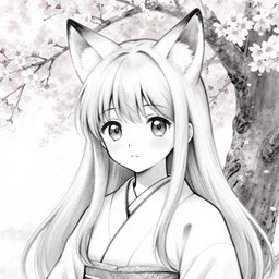 an sketch art of a cute girl with fox ears wearing kimono at a sakura tree by hiromu arakawa, manga, black and white, oc commission, face sketch, pencil sketch, high quality, highly detailed, long hair, illustration, pinterest