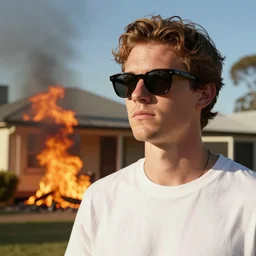 a beautiful portrait of an extremely cool bloke wearing a pair of sunglasses being unfazed by the fact that his house is on fire, on a hot australian day, high quality, photography, volumetric lighting, 8 k