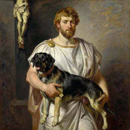 beautiful oil painting portrait of ancient roman god dog labrador in stations of the cross pose, art by anders zorn, wonderful masterpiece by greg rutkowski, expressive brush strokes, beautiful cinematic light, american romanticism by greg manchess, jessica rossier