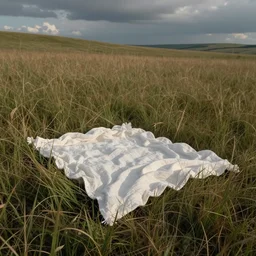 “small white linen blanket laid out amongst a grassy prairie scene in August, muted colours, wide shot”