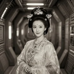 photo shoot pose photo of beautiful realistic Chinese ancient princess standing in the corridor in the space ship, attractive symmetrical face, big eyes and lips, subtle makeup, clean face and body skin,ecstatic face expression, ornamental jewelry and ancient translucent clothes, futuristic space ship interrior, wires with lights,depth of field, lens flare, moody lighting, moody photography, old photo, black and white, sepia, cinematic lighting, cinematic angle, editorial photography