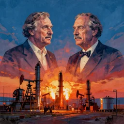 brilliantly colorful double exposure lithograph of john d rockefeller and an oil refinery lit by gas flares in the style of true detective