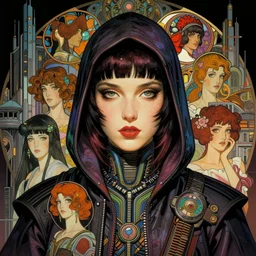 face portrait of a retrofuturistic assassin surrounded by advanced brutalist architecture. highly detailed science fiction, rich colors, high contrast, dark background. slighty moody, rim light on character, cinematic lighting, trending on artstation an ultrafine hyperdetailed colorfull illustration by tian zi, alphonse mucha, kim jung gi, moebius, alphonse mucha, ayami kojima, amano, female, feminine, new gothic, neo futurist, intricate linework, colors by frank frazetta