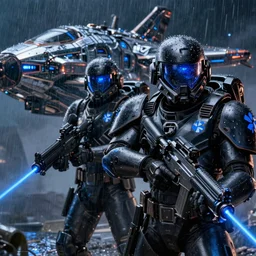 A detailed sketch of two soldiers with blue laser rifles wearing black power armour with blue sprites and full helmets with blue visors, night, rain, water drops on the lense, a complicated chrome-plated spaceship with blue lights in the background, realistic 4k octane beautifully detailed render, 4k post-processing, highly detailed, intricate complexity, epic composition, magical atmosphere, cinematic lighting, masterpiece, ultra hd