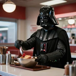 film still of Darth Vader working as a short order cook in a diner in the new Star Wars movie, 4k
