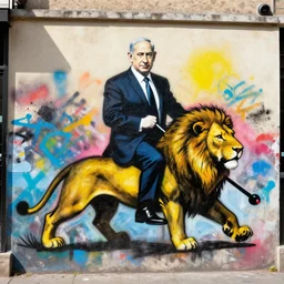 benjamin netanyahu riding a lion, graffiti, photograph, made by banksy, vivid colors, spray brush, midday, sunny, professional