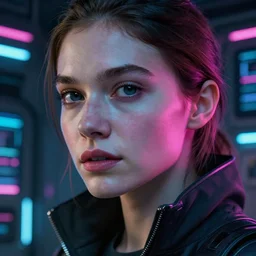 VFX movie of a cyberpunk hacker closeup portrait in high tech compound, beautiful natural skin neon lighting by Emmanuel Lubezki