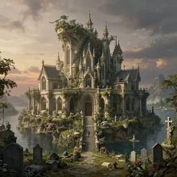 a beautiful detailed highly detailed graveyard architecture urbex by claude lorrain, at dusk magic realism cgsociety architecture island biopunk, archdaily, wallpaper, highly detailed, trending on artstation.