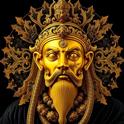 detailed sabah golden statue, by james gurney + intricate and vibrant gold line work + tarot card + mandelbulb fractal + full of black layers + portrait + trending on artstation + incredible gold and black gothic illustration + exquisite detail