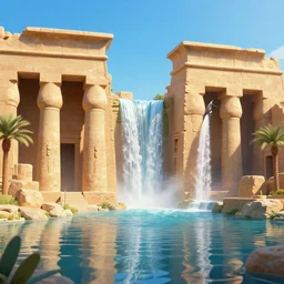 ancient egypt structures and waterfalls, retrowave art, artstation, volumetric light, high detail, reflections, perfect, concept art, hdr, 4 k