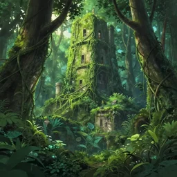 a lost city deep in the jungle, overgrown with vines and trees by makoto shinkai, anime, stylistic