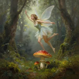 epic oil painting of a beautiful fairy in a short skirt landing on a mushroom in the forest, moss, fog