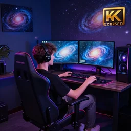 young gamer sitting in gaming chair + neon rgb light strips, large computer monitor, galaxy themed room, 4 k, award winning