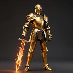 full body image of knight in a golden armor holding a big fiery sword, stylized, artgerm, artstation, hd, cgsociety, cgi, realistic, dramatic, cinematic, artistic, trending, detailed