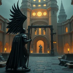 visually stunning, cinematic, ultra realistic, hyper realism, 1 2 k, epic, octane render, unreal engine, vfx, maya, galactic highway : magicpunk seraphim statue knight, gathering at the gallows at the courtyard of a robust dieselpunk futuristic fantasy castle : dieselpunk creature, by nadezda and david stoupakis