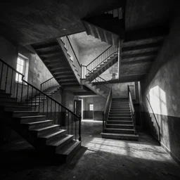 a beautiful hyper realistic detailed matte painting of a a confusing place where the perspective is a broken concept and all the corridor and stairs will lead you to the same destination, dramatic lighting, dynamic lighting, cinematic lighting, dynamic lighting, cinematic lighting, lit by morning light, by maurits cornelis escher, black and white, featured on artstation, ultrawide angle
