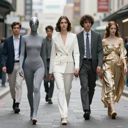 utopian transhumanist future, people walking around on the street wearing ai generated fashion, in a style inspired by æon flux, peter chung, shepard fairey, botticelli, and hideo kojima, inspired by pre - raphaelite paintings, shoujo manga, and cool harajuku street fashion, ultra detailed, super ultra fine inking lines, ethereal and mystical, 4 k extremely photorealistic, arnold render