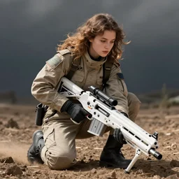 « detailed ground drone soldier caring a heavy white gun detailled »