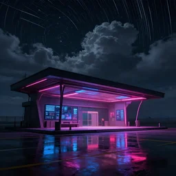 detailed station by artstation jaime jasso, dark night, cyberpunk, neon lights, reflections ray, tracingstar trails, dramatic light, fluffy clouds, digital painting, high detailed, 8 k render, perfect shape, hyperrealistic