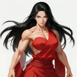 portrait of a muscular female fighting shrine maiden miko with long flowing black hair wearing a red hakama over a black leotard, touhou character illustration by ross tran, makoto shinkai, hirohiko araki, yoshitaka amano, trending on artstation