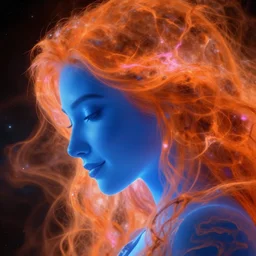 Side profile portrait of an attractive glowing blue celestial goddess with an aquiline nose, a strong jawline and a gentle smile. Her head is tilted down, and her face is emerging from her massive orange nebula of hair with pink highlights which fills most of the image. Highly detailed 2D digital concept art, by senior concept artist. Inspired by Hubble space telescope images.