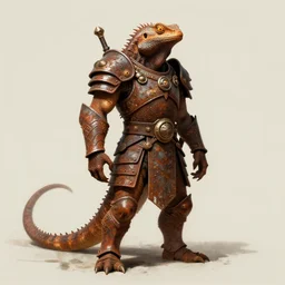 lizardman, wearing tribal ornamented rust armor, full body concept, warhammer lizard, beksinski, edward hopper art