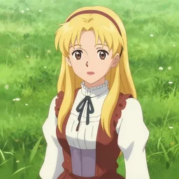 young blonde pioneer girl in a meadow, portrait, anime