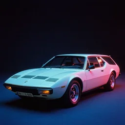 stylized poser of a single 1 9 7 5 station wagon shooting brake de tomaso pantera, neon, ektachrome photograph, volumetric lighting, f 8 aperture, cinematic eastman 5 3 8 4 film