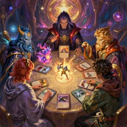 5 wizards around a table playing magic the gathering, with glowing creatures emerging from the cards, vibrant, dramatic, painterly