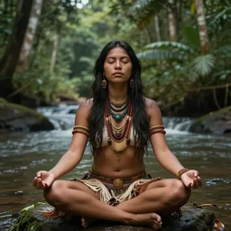 a beautiful indigenous woman meditating near a river in the amazon jungle, art by christophe vacher