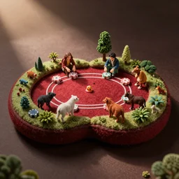 Kidney bean shaped felt table with animals playing poker