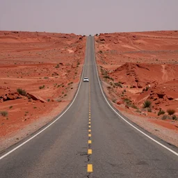 a long road in the red wasteland, a lone car is seen in the distance