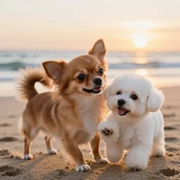a photorealistic closeup image of a cute brown colored long haired chihuahua cocker spaniel dog as well as a smiling white bichon frise puppy playing together at the beach. sunset, surf, brightly lit scene. fine detail. nice composition. 4 k hd unreal engine
