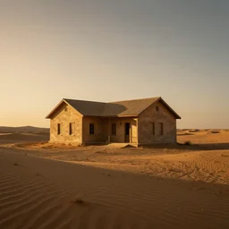 desolate house in the middle of the desert, golden hour, dramatic, desolate, award winning
