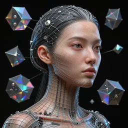 digital wireframe made into woman portrait, wireframe is pushing into the skin, by peter mohrbacher, boris vallejo, hajime sorayama, wayne barlowe,, polymesh, polygroups, maya, zbrush, wireframe models, ultra realistic, dramatic lighting, intricate details, holographic artifacts, landscape of geometric shapes, hexagons, tesseract