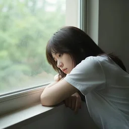 an emo girl looking out of her window on a hot day, exhausted, view from inside, 2006, amateur
