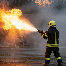 a firefighter extinguishing a fire with a flamethrower