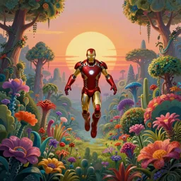 flying ironman like armored man in the centre of composition, sunrise in alien planet, full of vegetation, stunning garden of alien flowers, colourful plants, trees, vibrant colours, beautiful matte painting, dreamy, high detail, matte painting, artstation, in the style of martin johnson heade and roger dean