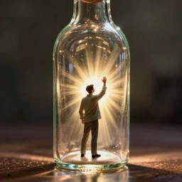 tiny man trapped in a bottle, waving for help