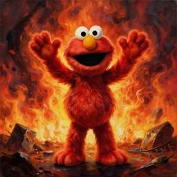 an evil elmo holding his hands up standing in front of apocalyptic hellfire, oil painting by michael whelan, striking detail