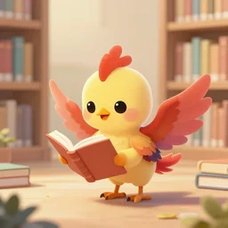 a cute adorable phoenix fledgling learning to read in a library #Illistration