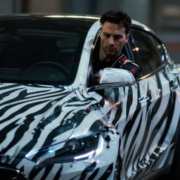 film still from blade runner, closeup of cyberpunk tesla with a black and white zebra camouflage police wrap, global illumination, volumetric lighting