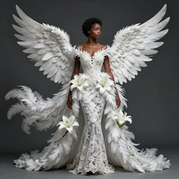 full body portrait of young black woman swan queen, beautiful flowy feathered gown, intricate white lilies, beautiful baroque lace detail, highly detailed, digital painting, artstation, concept art, smooth, sharp focus, illustration, art by wlop, mars ravelo and greg rutkowski