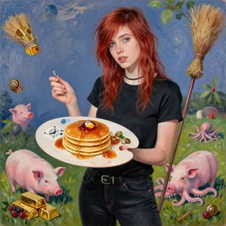 tall emo female artist holding an artist's palette, pancakes as compass, in, gold bars, maple syrup, snails, berries, pigs, octopus, broomstick, acrylic on canvas, surrealist, by magritte and monet