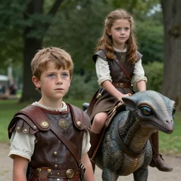 sharp, highly detailed, film from a 2 0 1 9 sci fi 8 k movie, time travelers appear in a park in 2 0 1 9, a boy from the roman empire and a girl from an alternate 1 8 5 0 riding on the back of an alien creature, each wearing correct era clothes, atmospheric lighting, in focus, reflective eyes, 3 5 mm macro lens, nice composition