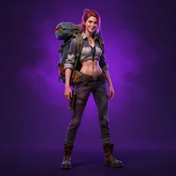 detailed character full body portrait of a skinny feminine androgynous adventurer merchant salesman rucksack smirking purple smoky neon background artgerm greg rutkowski mucha