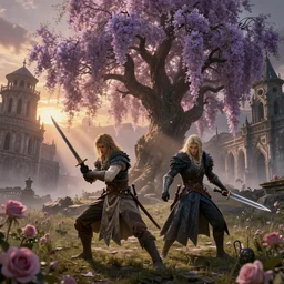 Two characters from the game Elden Ring, action poses with weapons, ancient Roman and Victorian Gothic architecture, giant cherry weeping willow trees, god rays, bloom, volumetric fog, moody ambiance, cinematic lighting, twilight, sunset, rose and lavender and amber tones, Bouguereau, Maxfield Parrish, Alphonse Mucha, fantasy, portfolio illustration, highly detailed, trending on Artstation, CGsociety, HQ, 8k, 35mm lens, f2.8, Bokeh,